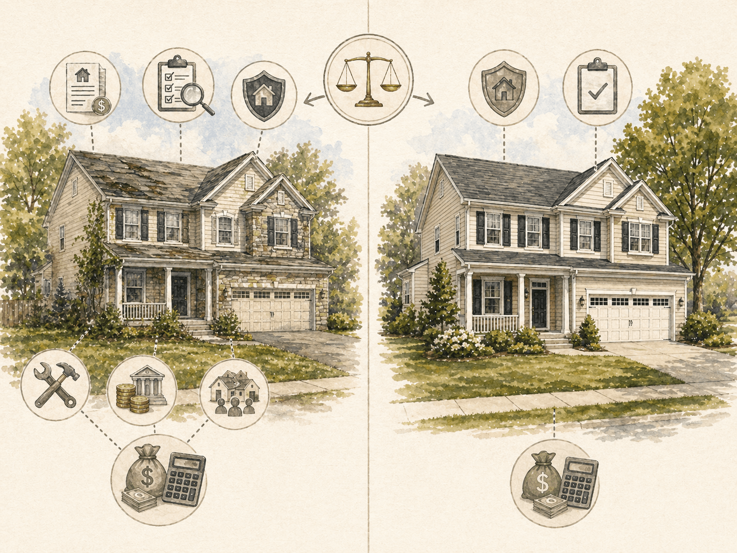 Two similar Bucks County homes showing different ownership costs, repairs, taxes, and cash-to-close factors