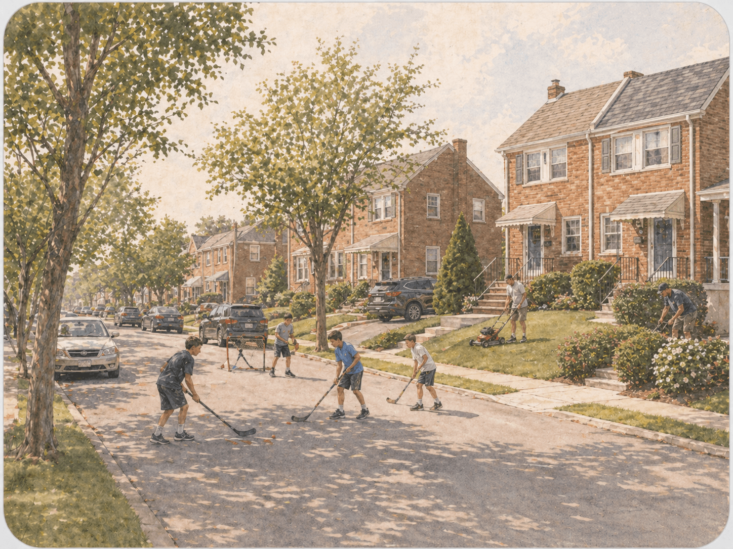 Northeast Philly twin homes with driveways, kids playing street hockey, and neighbors outside