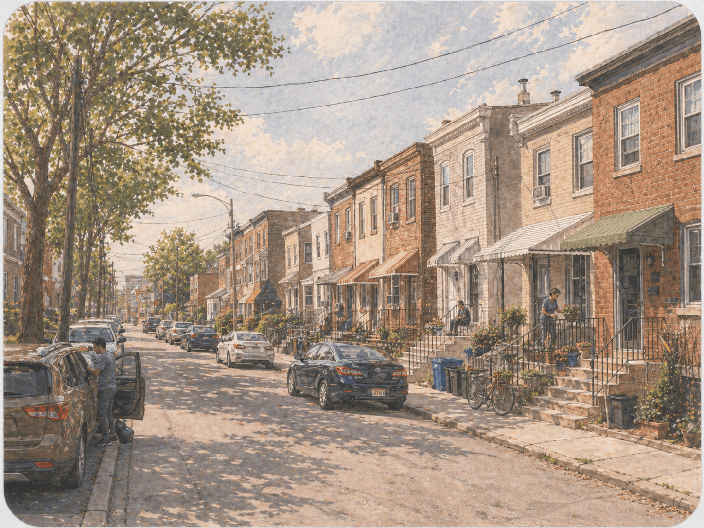 Lower Northeast Philadelphia starter-home rowhome block with parked cars and older brick homes